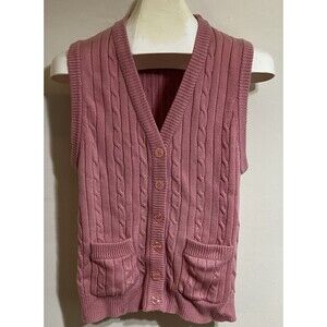 Vintage cardigan vest sweater pink cable-knit Teacher Golf Mom  Pockets R1